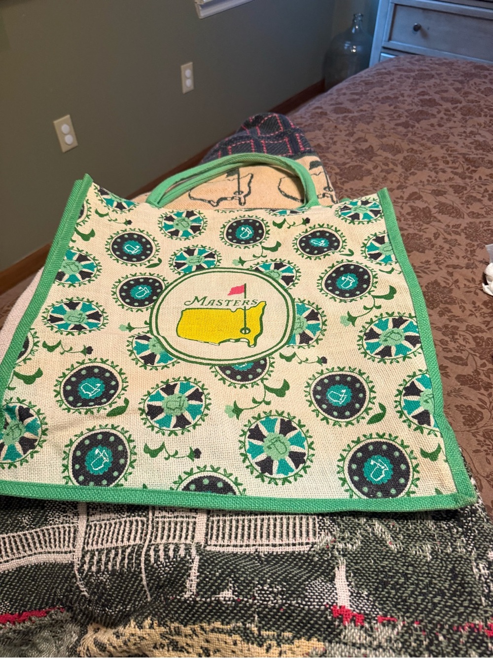 Masters Green and Cream Tote Bag with Yellow Logo